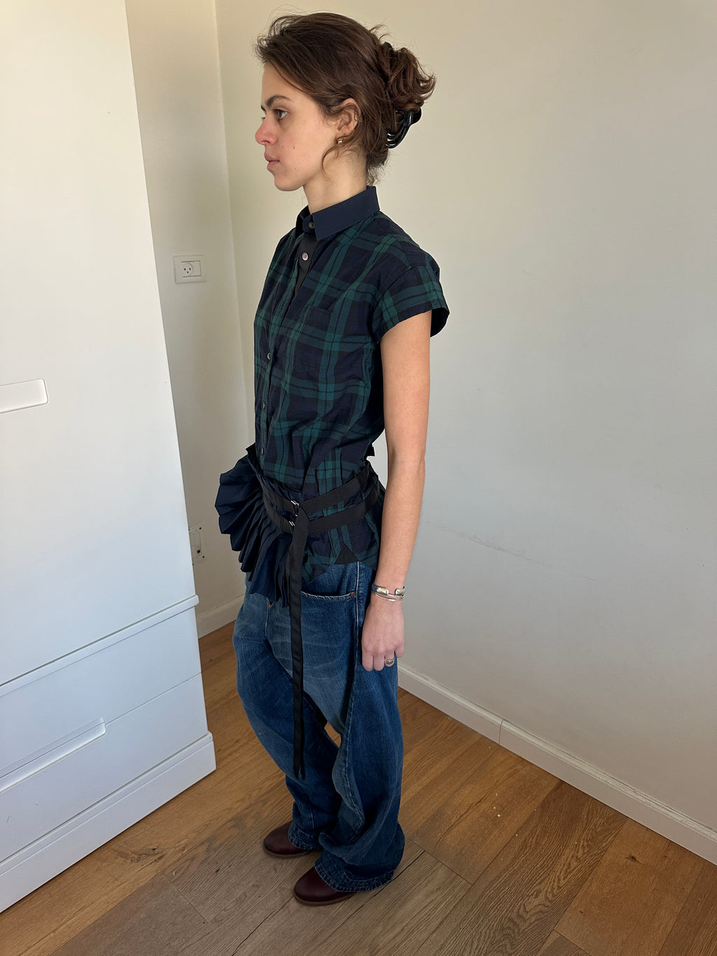 Sacai Gingham Short Sleeve Shirt With skirt Attachment