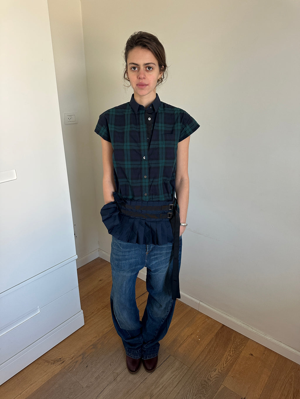 Sacai Gingham Short Sleeve Shirt With skirt Attachment