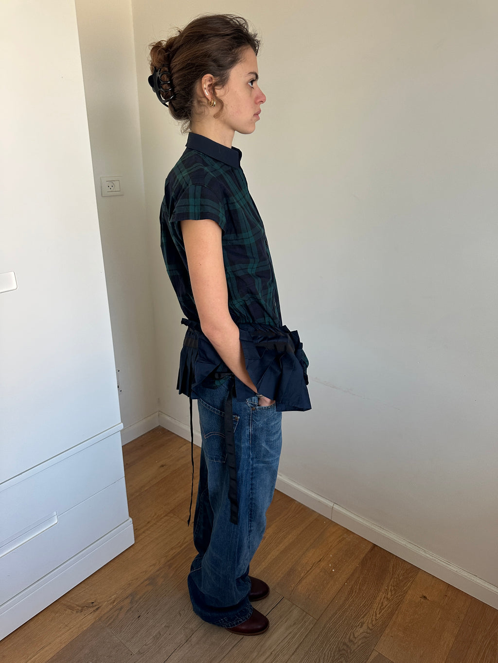 Sacai Gingham Short Sleeve Shirt With skirt Attachment
