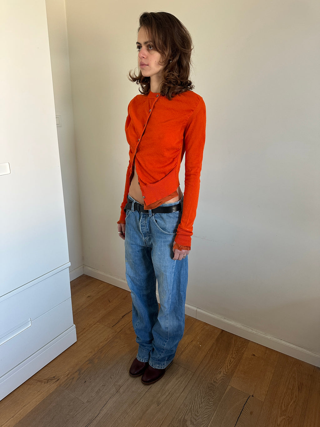 Sacai Orange Deconstructed Asymmetric Cropped Cardigan