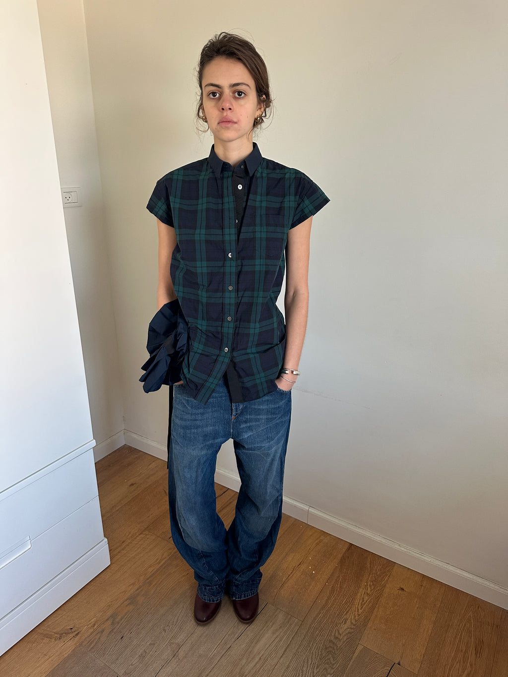 Sacai Gingham Short Sleeve Shirt With skirt Attachment