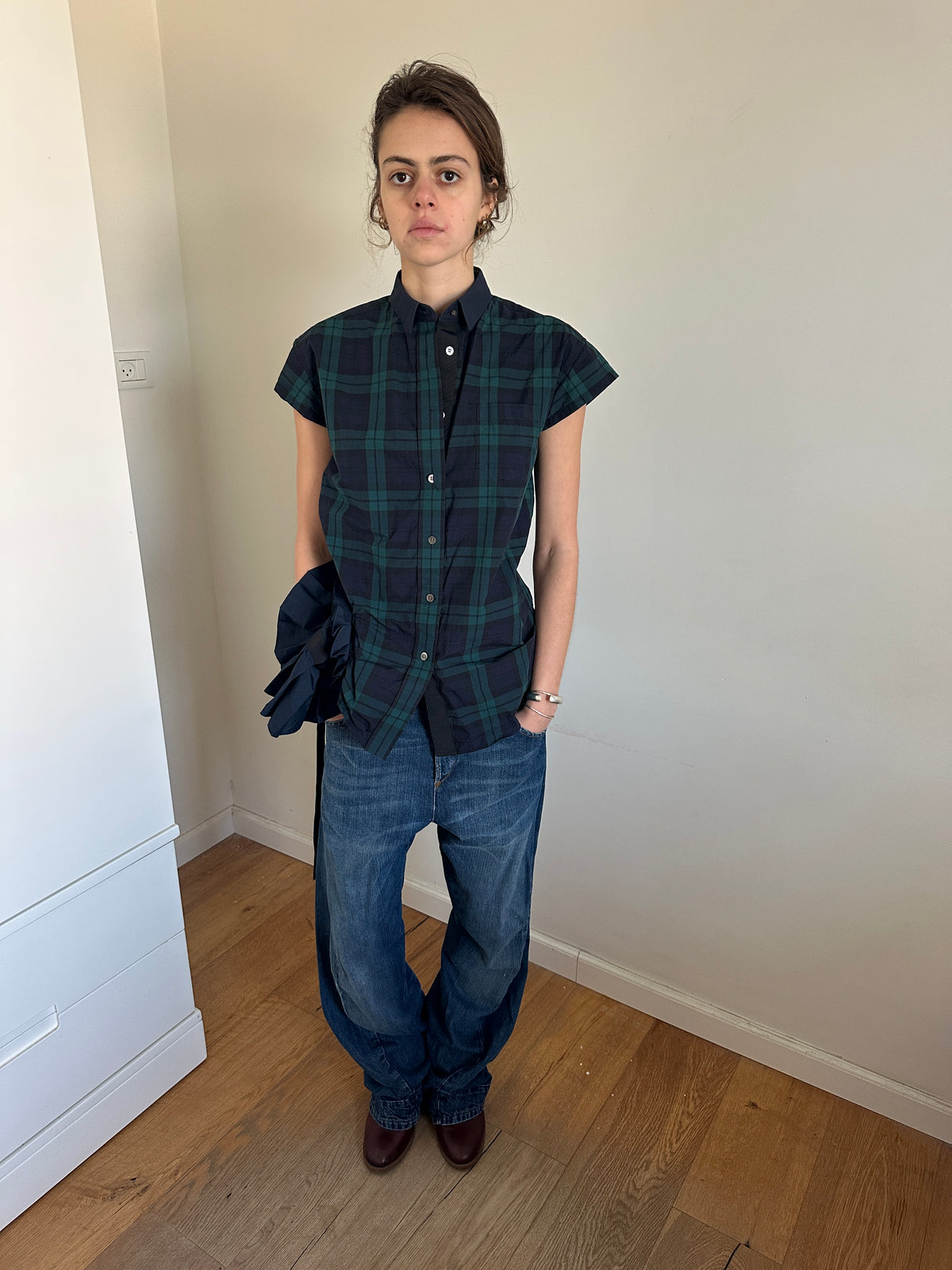 Sacai Gingham Short Sleeve Shirt With skirt Attachment