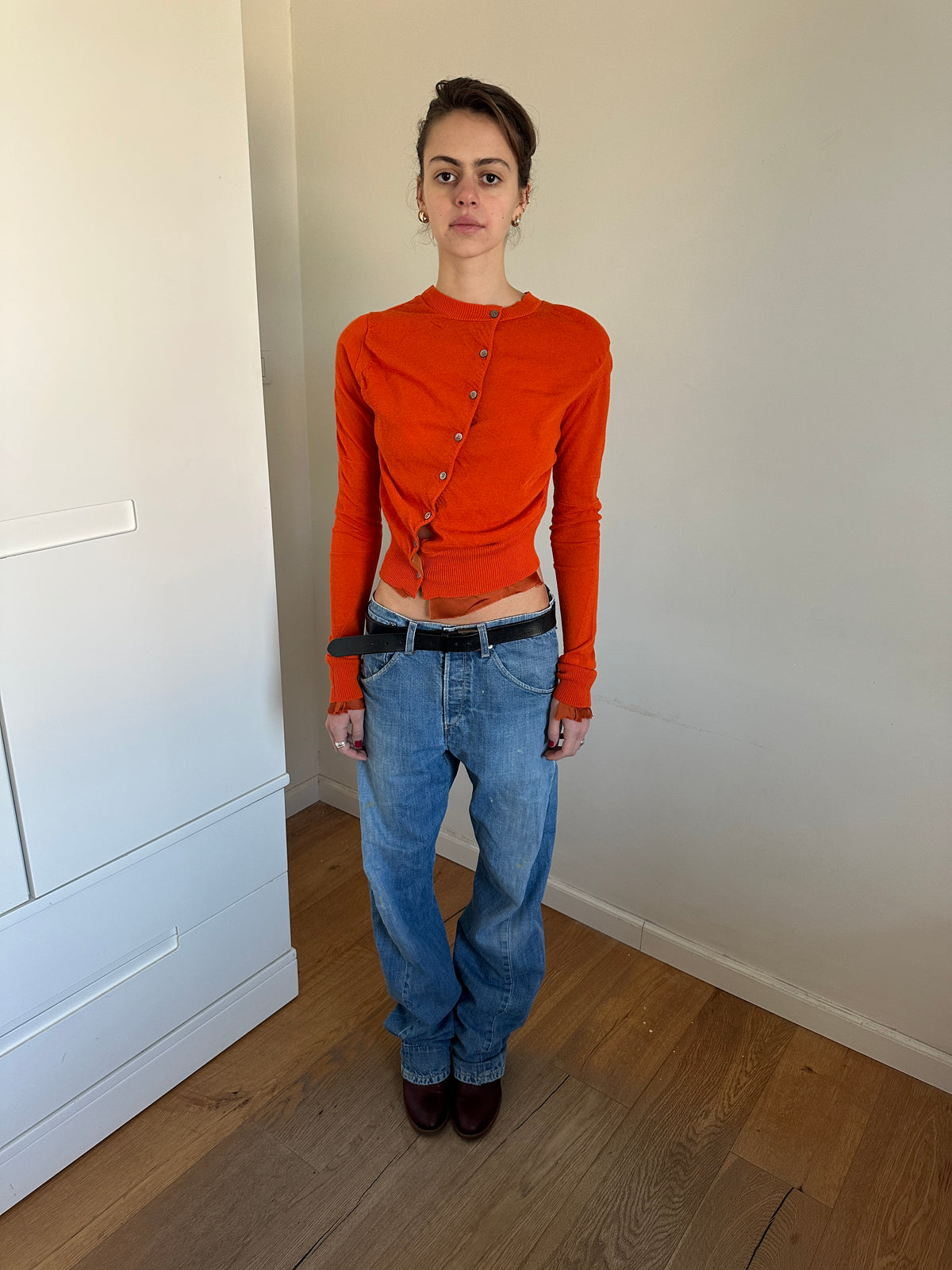 Sacai Orange Deconstructed Asymmetric Cropped Cardigan