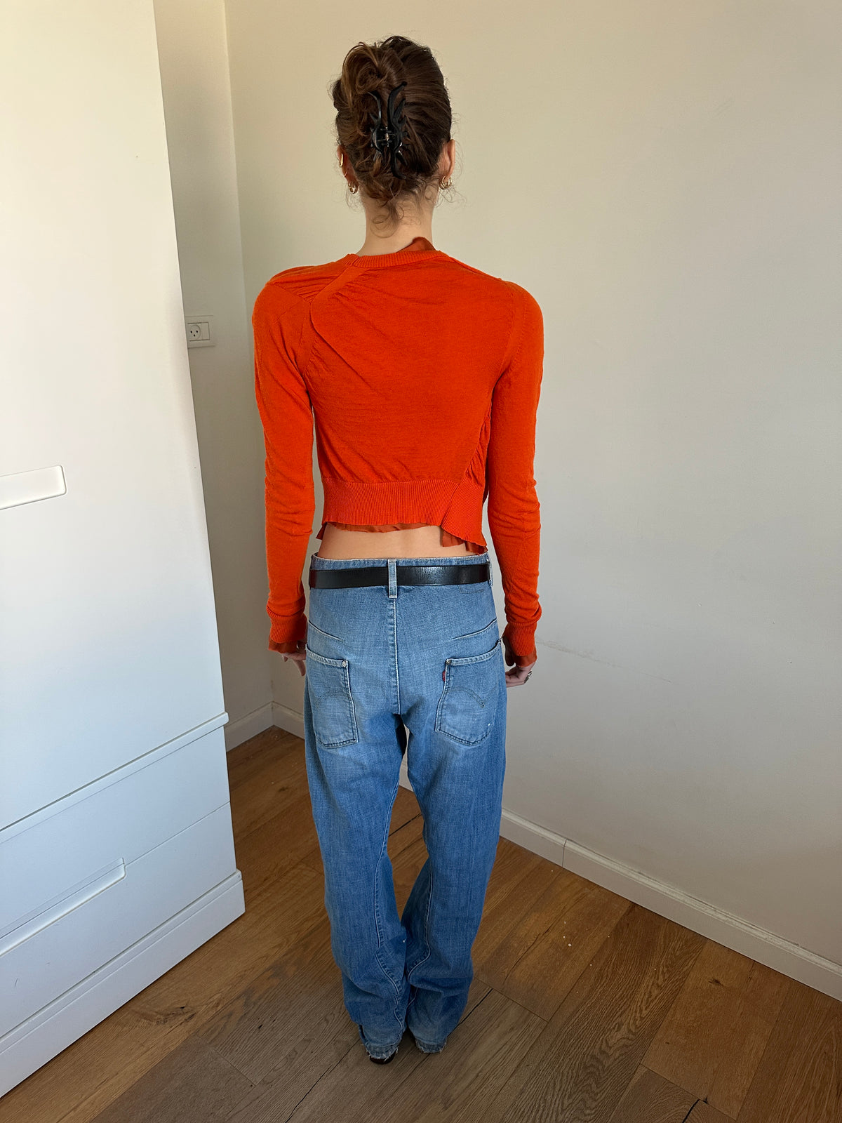Sacai Orange Deconstructed Asymmetric Cropped Cardigan