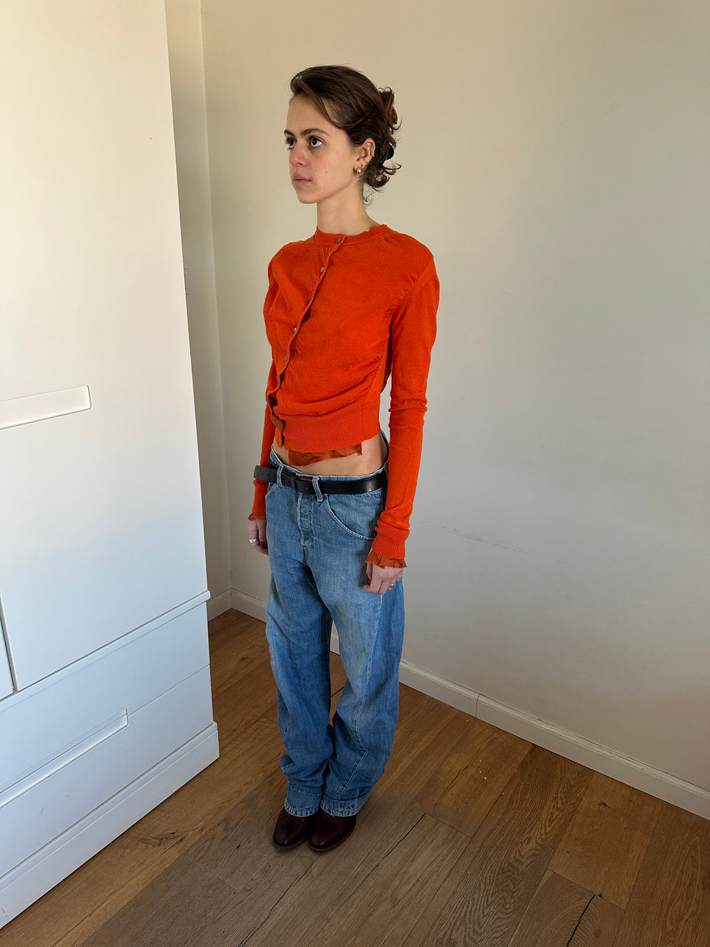 Sacai Orange Deconstructed Asymmetric Cropped Cardigan