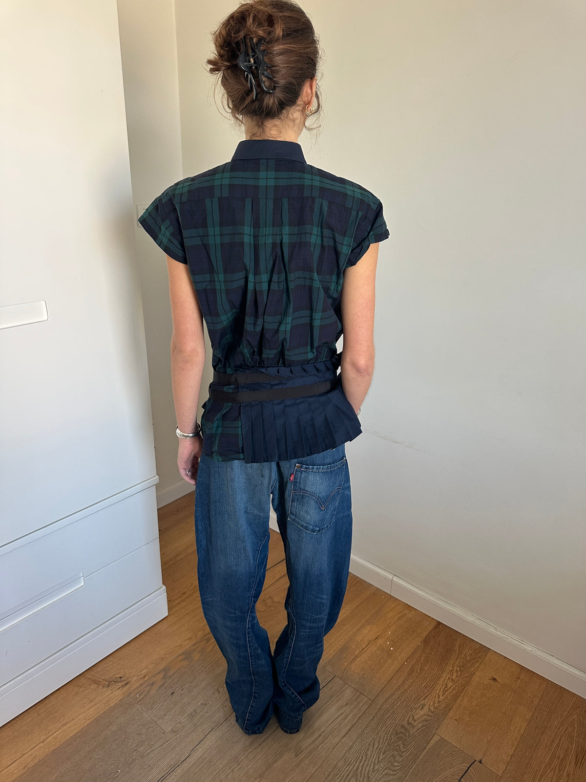 Sacai Gingham Short Sleeve Shirt With skirt Attachment