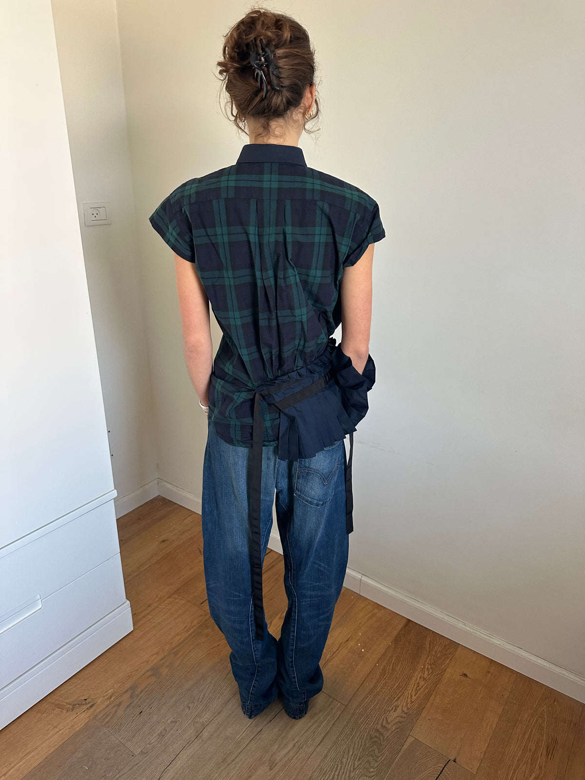 Sacai Gingham Short Sleeve Shirt With skirt Attachment